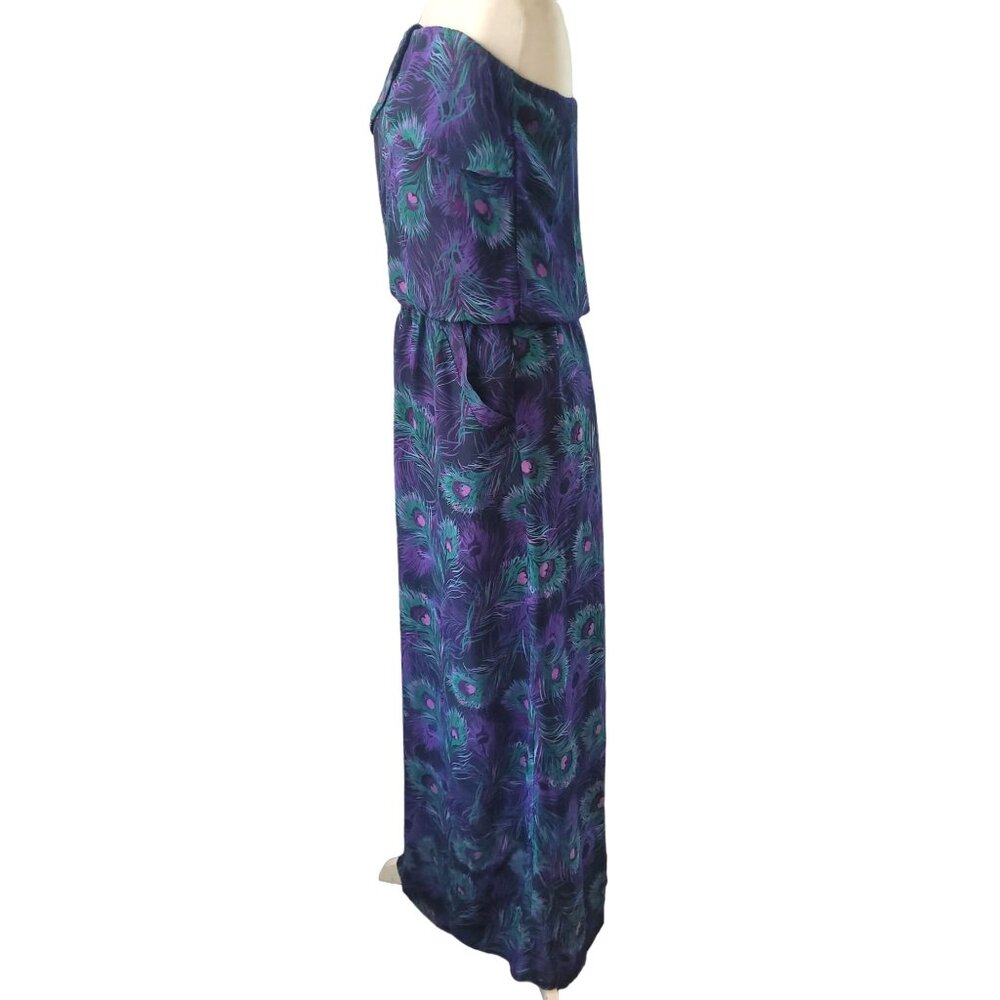 Kira Women’s Medium Purple/Green Strapless Peacock Feather Maxi Dress Pockets - Picture 3 of 11